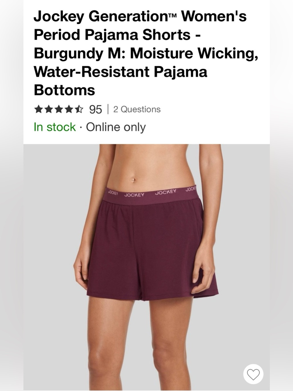 Jockey Women's Maroon Elastic-Waist Period Proof Sleep Shorts.